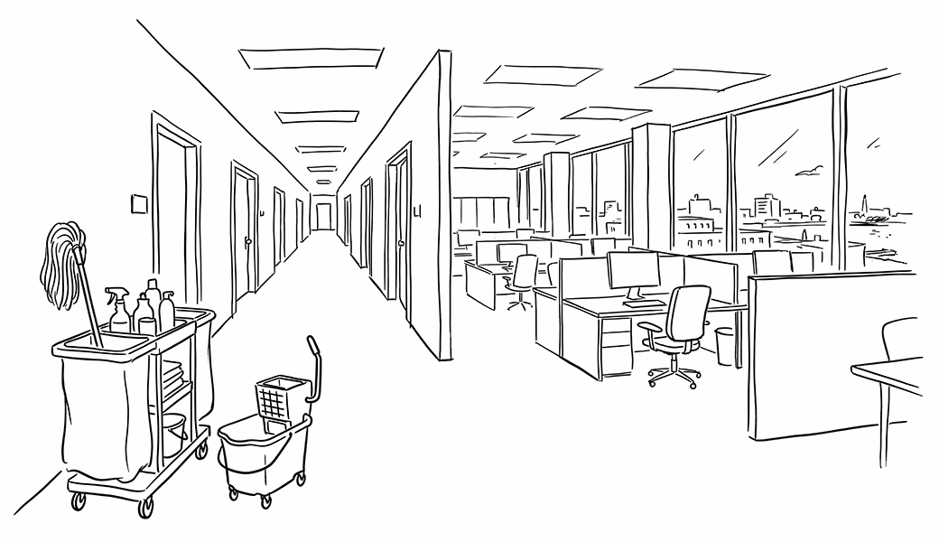 Commercial office hallway with cleaning supplies and open workspace Wilmington NC