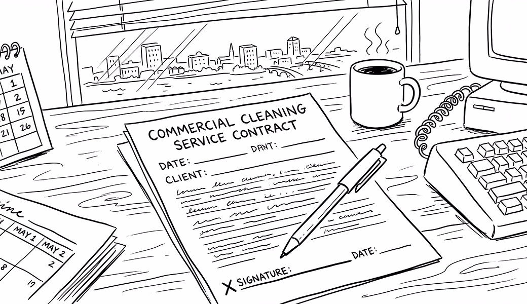 Commercial cleaning contract on desk with pen Wilmington NC